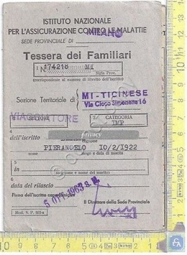 INAM - Istituto Nazionale Assicurazione Malattie - Tessera dei Familiari …