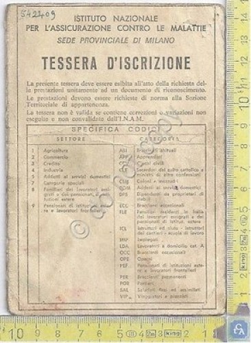 INAM - Istituto Nazionale Assicurazione Malattie - Tessera di Iscrizione …