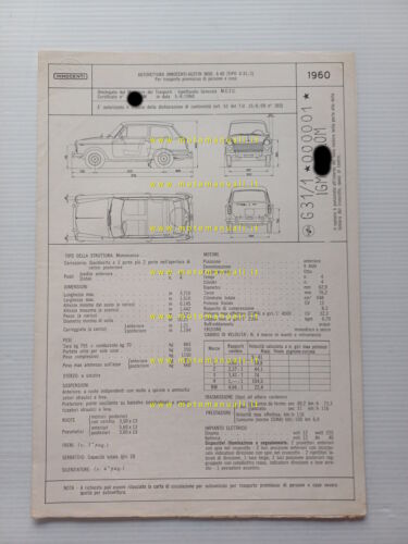 Innocenti Austin A 40 1960 scheda omologazione DGM Motorizzazione Facsimile