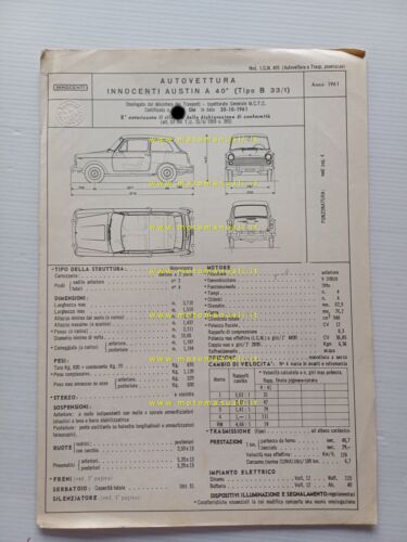 Innocenti Austin A 40 1961 scheda omologazione DGM Motorizzazione Facsimile