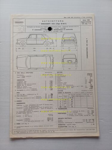 Innocenti I M 3 1963 scheda omologazione DGM Motorizzazione Facsimile