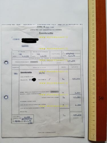Innocenti Lambretta 50 DL 1970 fattura acquisto originale