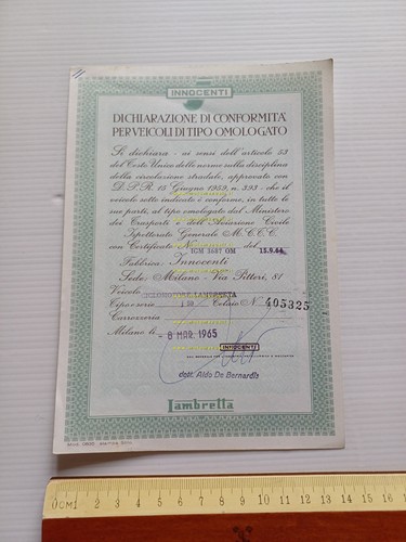 Innocenti Lambretta J50 1965 certificato d'origine originale