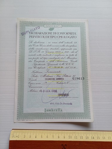 Innocenti Lambretta J50 1966 certificato d'origine originale