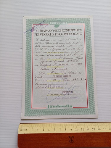 Innocenti Lambretta J50 1967 certificato d'origine originale