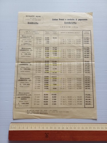 Innocenti Lambretta listino 1954 depliant italiano originale