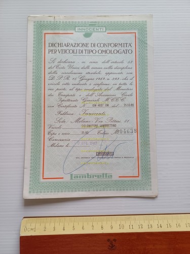 Innocenti Lambrettino 50 1967 certificato d'origine originale