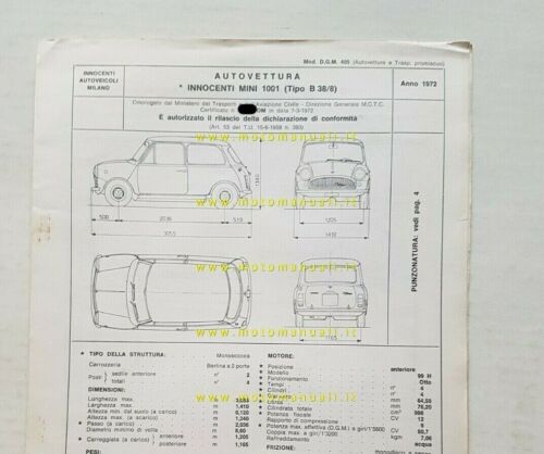 Innocenti Mini 1001 1972 ed.'73 Scheda facsimile omologazione DGM originale