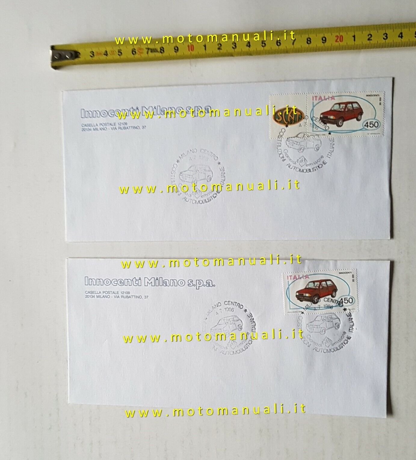 Innocenti Mini 650 SE francobollo 1986 2 buste affrancate commemorative …