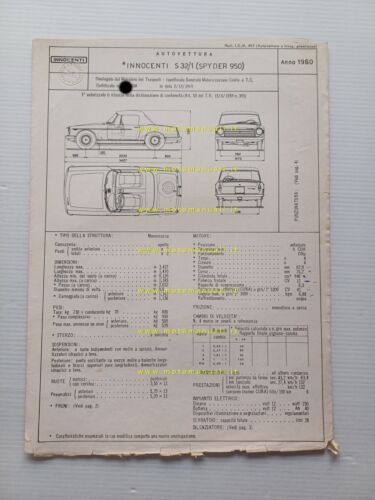 Innocenti Spyder 950 1960 scheda omologazione DGM Motorizzazione Facsimile