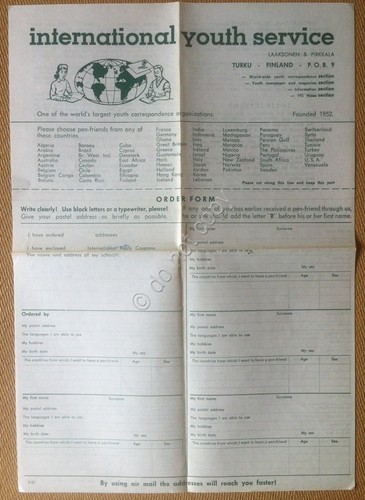 International Youth Service - anni 60 - foglio d'ordine