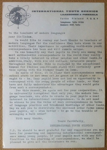 International Youth Service - anni 60 - Lettera agli insegnanti