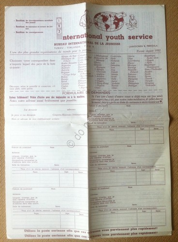 International Youth Service - foglio d'ordine - anni 60