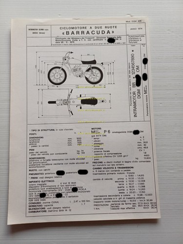 Intramotor Gloria Barracuda 50 1974 Facsimile originale scheda omologazione DGM