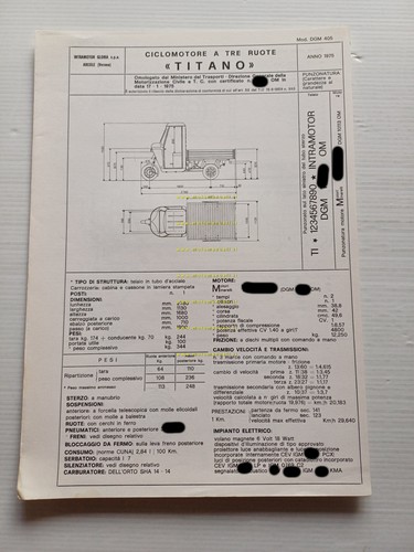 Intramotor Titano 50 motocarro 1975 Facsimile originale scheda omologazione DGM