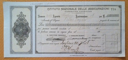 Istituto Nazionale Assicurazioni - Cagliari - 1918 - Ricevuta pagamento …