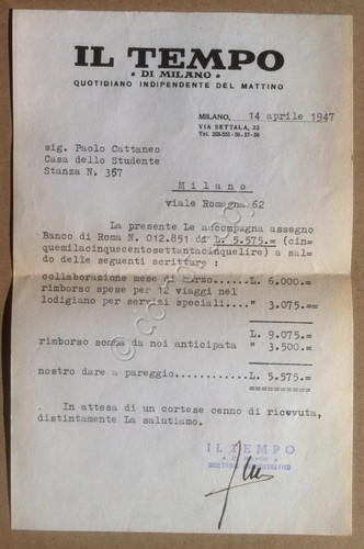 Italia - Il Tempo quotidiano Milano 1947 - lettera dattiloscritta