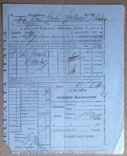 Italia 1880 - Ricevuta di spedizione - Ferrovia dell'Alta Italia