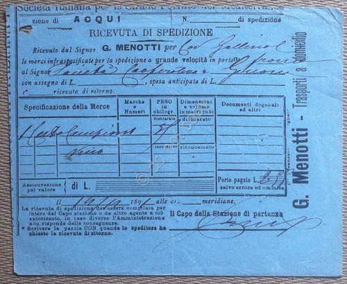 Italia 1891 - Ricevuta di spedizione - G. Menotti - …