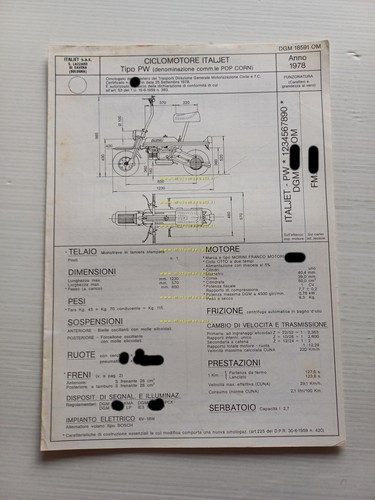 Italjet 50 Popcorn 1978 Facsimile originale scheda omologazione DGM Motorizzaz.