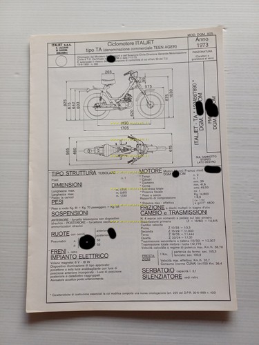 Italjet 50 Teen Ager 1973 Facsimile originale scheda omologazione DGM …