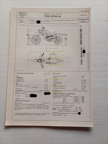 Itom 50 Cross 4M 1974 Facsimile originale scheda omologazione DGM …