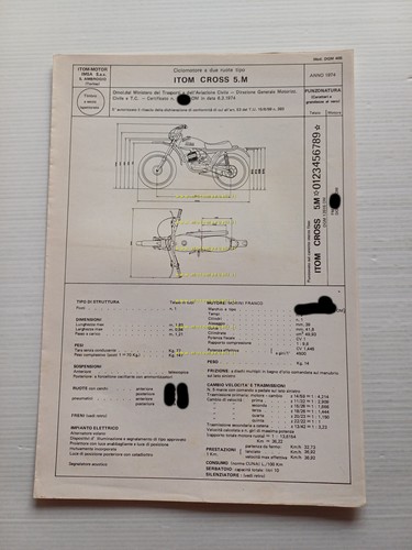 Itom 50 Cross 5M 1974 Facsimile originale scheda omologazione DGM …