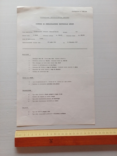 Kawasaki 500 Mach III H1 B 1975-77 scheda omologazione FMI …