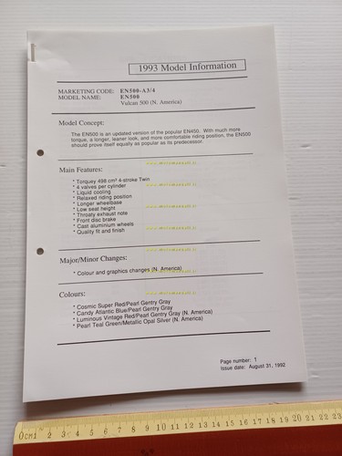 Kawasaki EN 500 (EN500-A3.A4) 1993 Model Information cartella stampa inglese