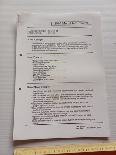 Kawasaki EN 500 (EN500-B1) 1994 Model Information cartella stampa inglese