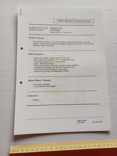 Kawasaki GPX 250 R (EX250-F7.F8) 1994 Model Information cartella stampa …