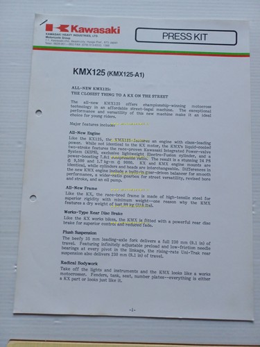 Kawasaki KMX 125 (KMX125-A1) 1986 cartella stampa originale testo inglese