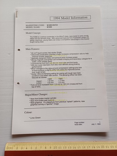 Kawasaki KX 80 (KX80-R4.S4) 1994 Model Information cartella stampa inglese