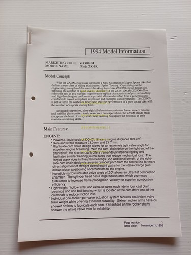 Kawasaki ZX-9 R Ninja (ZX900-B1) 1994 Model Information cartella stampa …