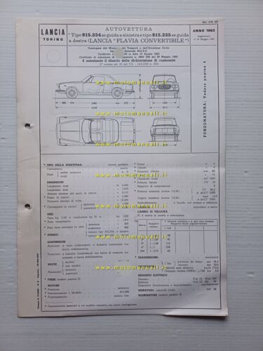 Lancia Flavia 1.8 Convertibile 1963-68 scheda omologazione DGM Motor. Facsimile