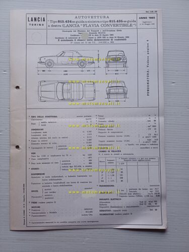 Lancia Flavia 1.8 Convertibile 1965-68 scheda omologazione DGM Motor. Facsimile