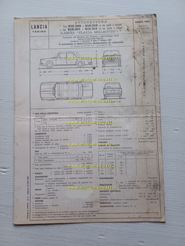 Lancia Flavia Milleotto 1967-68 scheda omologazione DGM Motorizzazione Facsimile