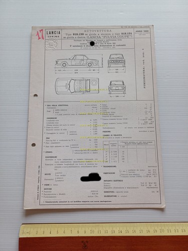 Lancia Fulvia Coupè 1.2 1965 facsimile certificato omologaz. DGM Motorizzazione