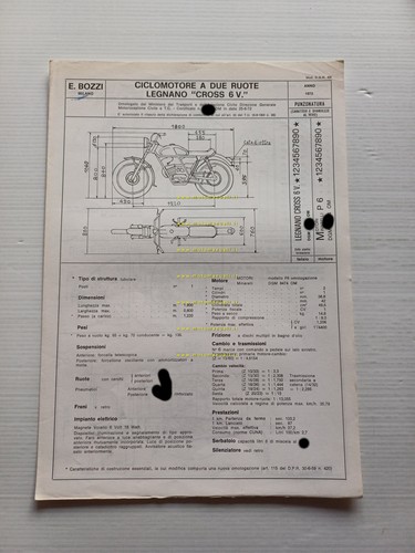 Legnano 50 Cross 6V 1972 Facsimile originale scheda omologazione DGM …