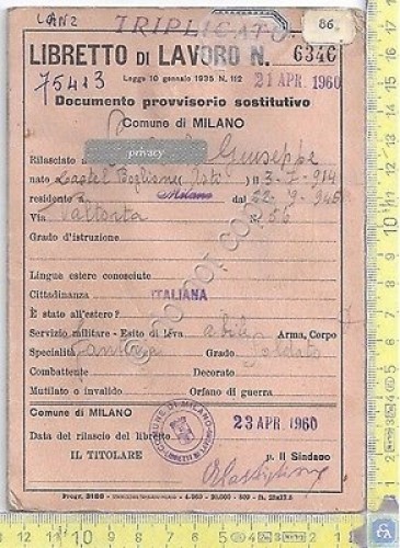 Libretto di lavoro - Comune di Milano - 1960