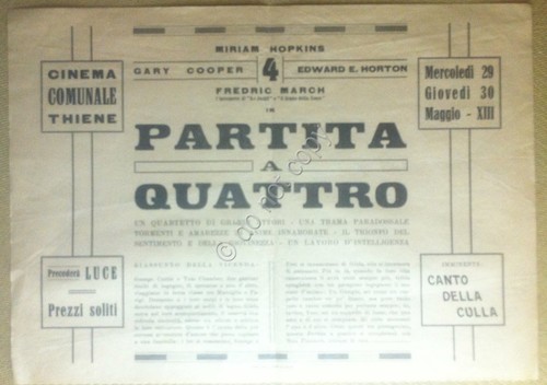 Locandina Cinema Comunale Thiene - Partita a Quattro - 1935