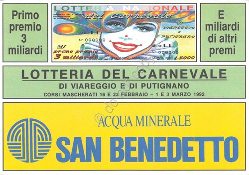 Lotteria Nazionale del Carnevale di Viareggio Putignano 1992 Cartolina