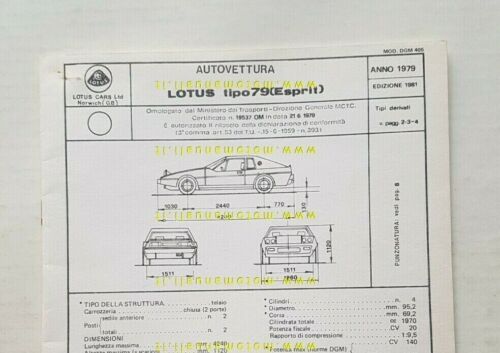 Lotus Esprit 2.0 1979 ed. 1981 scheda omologazione DGM originale …