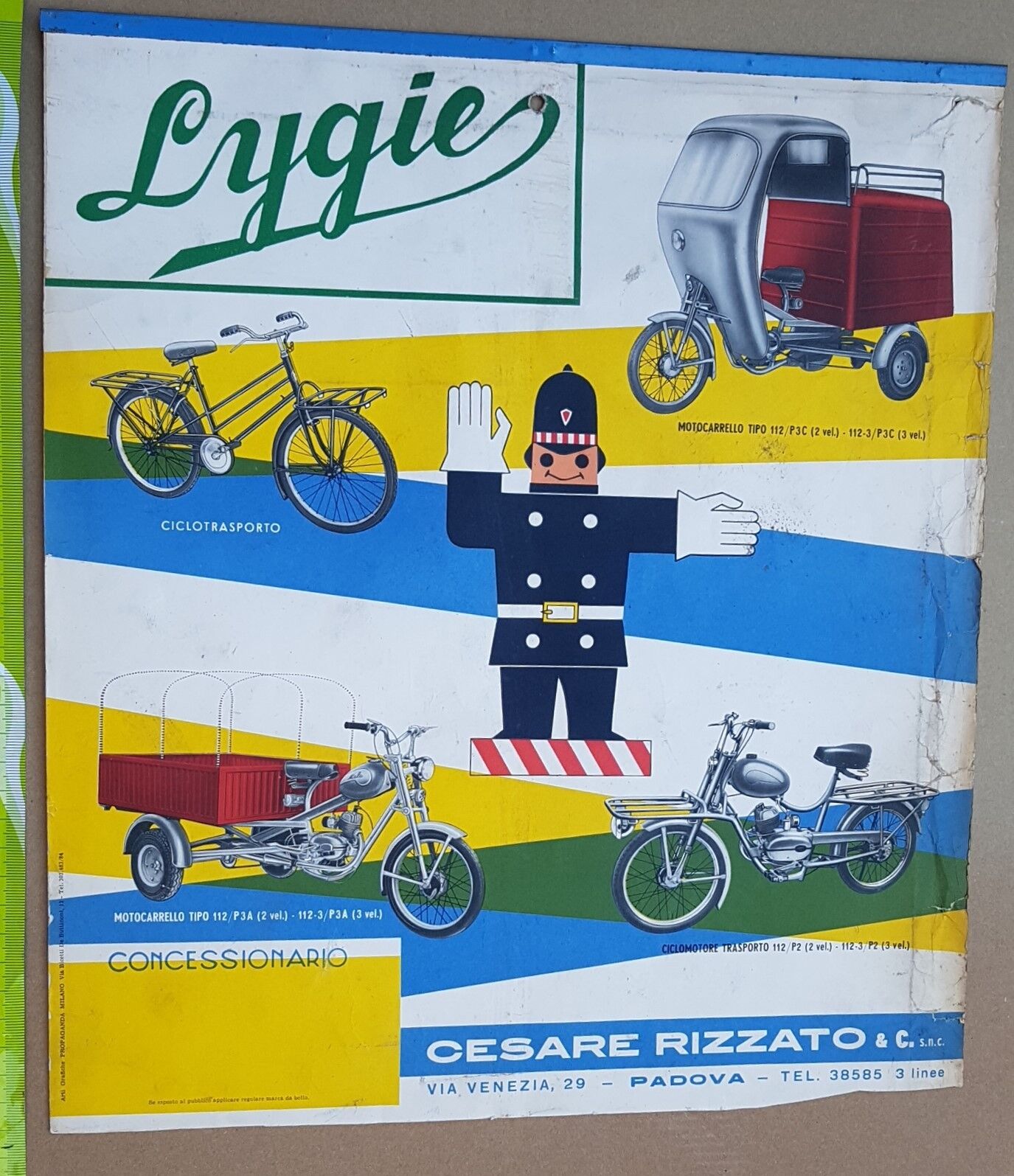 Lygie Rizzato motocarri cicli trasporto merci insegna cartone originale tabella