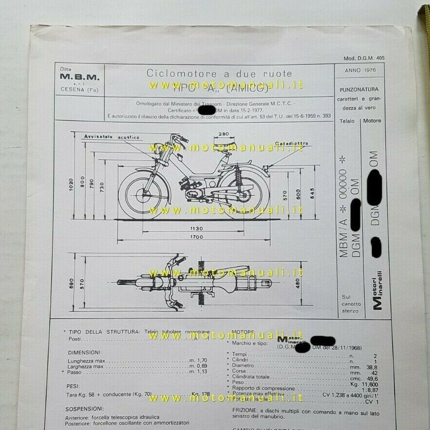M.B.M. 50 Amico tubone 4v 1976 scheda omologazione DGM originale …