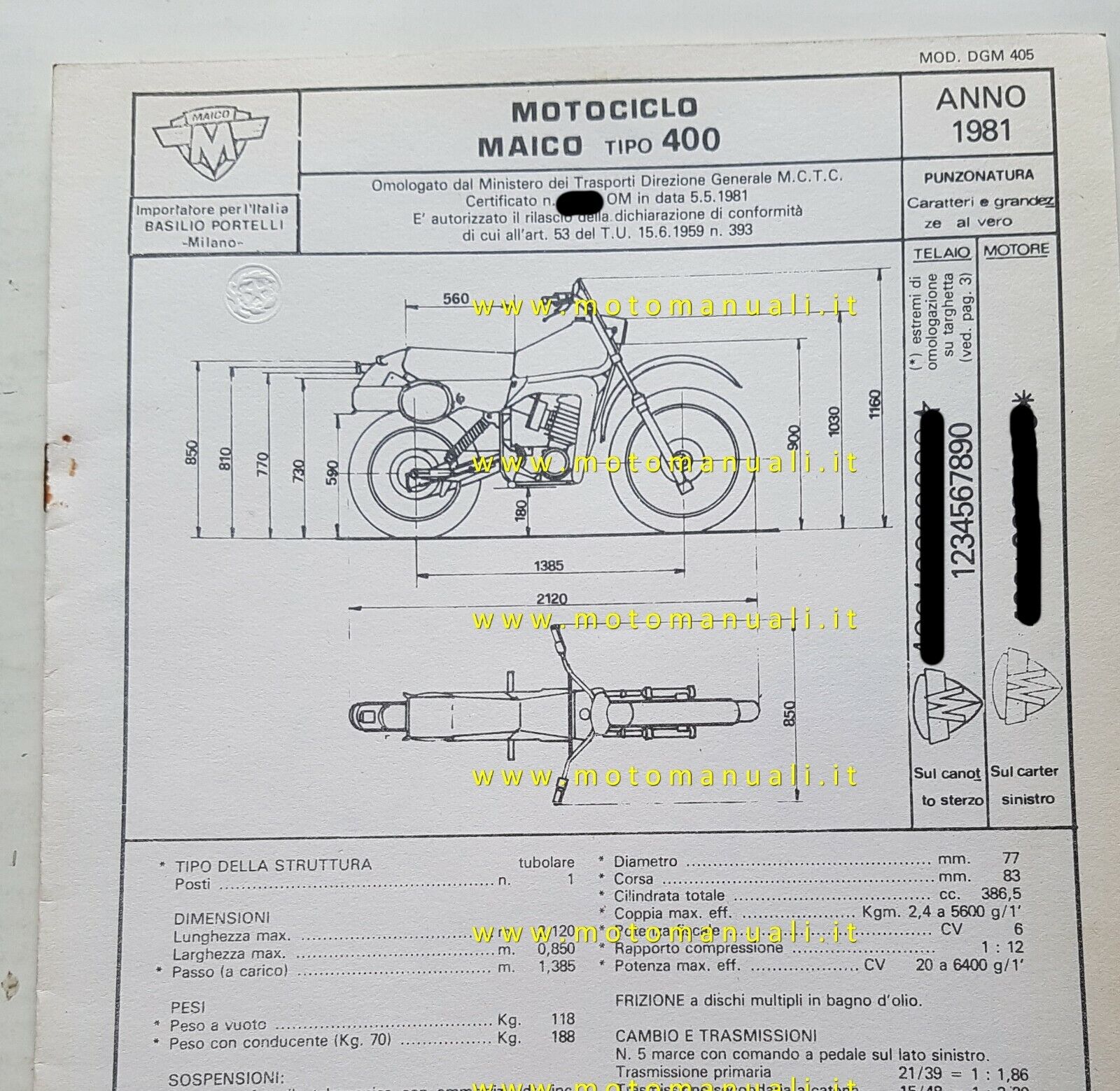 Maico 400 Enduro 1981 scheda omologazione DGM originale Motorizzazione