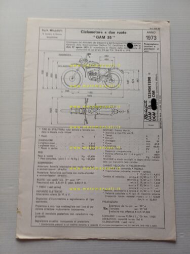 Malaguti 50 GAM 35 Cavalcone 1973 scheda omologazione DGM Facsimile …