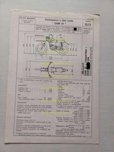 Malaguti 50 Hombre GAM 31 1972 scheda omologazione DGM Facsimile …