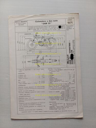 Malaguti 50 Prisma GAM 23 1971 scheda omologazione DGM Facsimile …