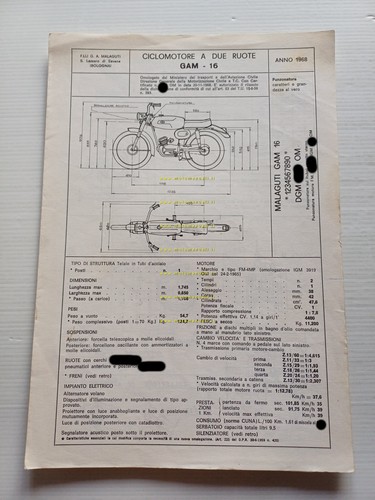 Malaguti 50 Roncobilaccio GAM 16 1968 Facsimile scheda omologazione DGM